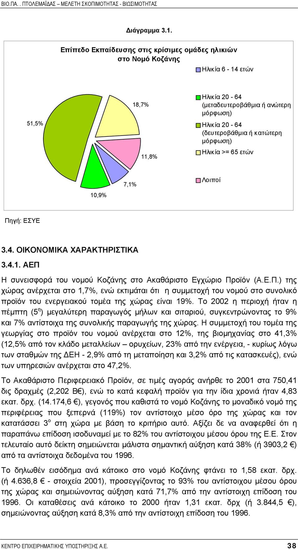 Ηλικία >= 65 ετών 10,9% 7,1% Λοιποί Πηγή: ΕΣΥΕ 3.4. ΟΙΚΟΝΟΜΙΚΑ ΧΑΡΑΚΤΗΡΙΣΤΙΚΑ 3.4.1. ΑΕΠ Η συνεισφορά του νοµού Κοζάνης στο Ακαθάριστο Εγχώριο Προϊόν (Α.Ε.Π.) της χώρας ανέρχεται στο 1,7%, ενώ εκτιµάται ότι η συµµετοχή του νοµού στο συνολικό προϊόν του ενεργειακού τοµέα της χώρας είναι 19%.