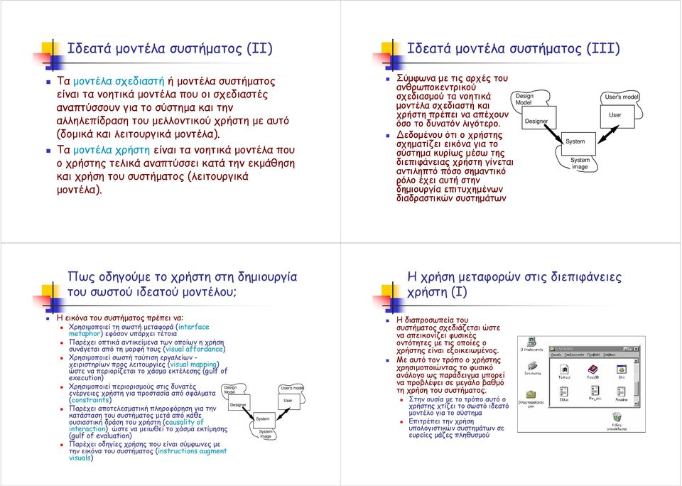 Τα µοντέλα χρήστη είναι τα νοητικά µοντέλα που ο χρήστης τελικά αναπτύσσει κατά την εκµάθηση και χρήση του συστήµατος (λειτουργικά µοντέλα).