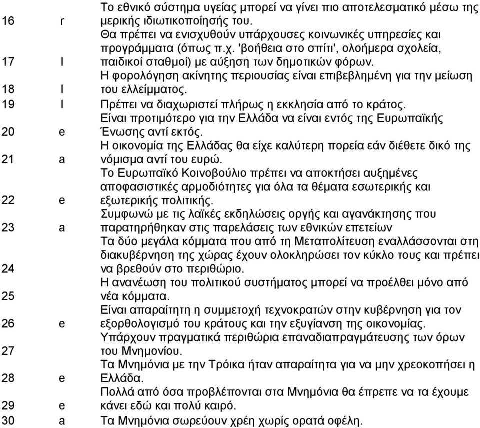 18 l Η φορολόγηση ακίνητης περιουσίας είναι επιβεβλημένη για την μείωση του ελλείμματος. 19 l Πρέπει να διαχωριστεί πλήρως η εκκλησία από το κράτος.