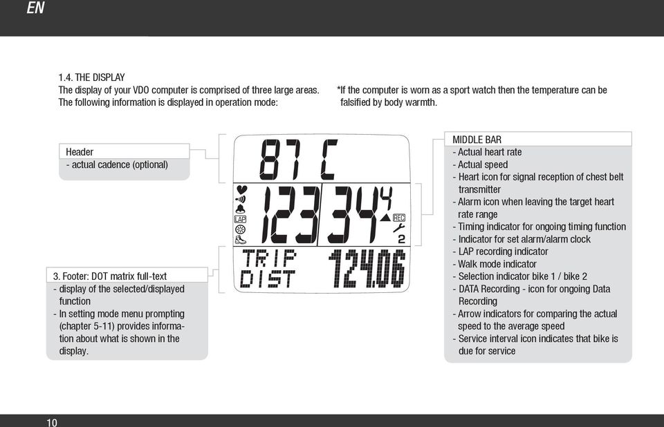 Footer: DOT matrix full-text - display of the selected/displayed function - In setting mode menu prompting (chapter 5-11) provides information about what is shown in the display.