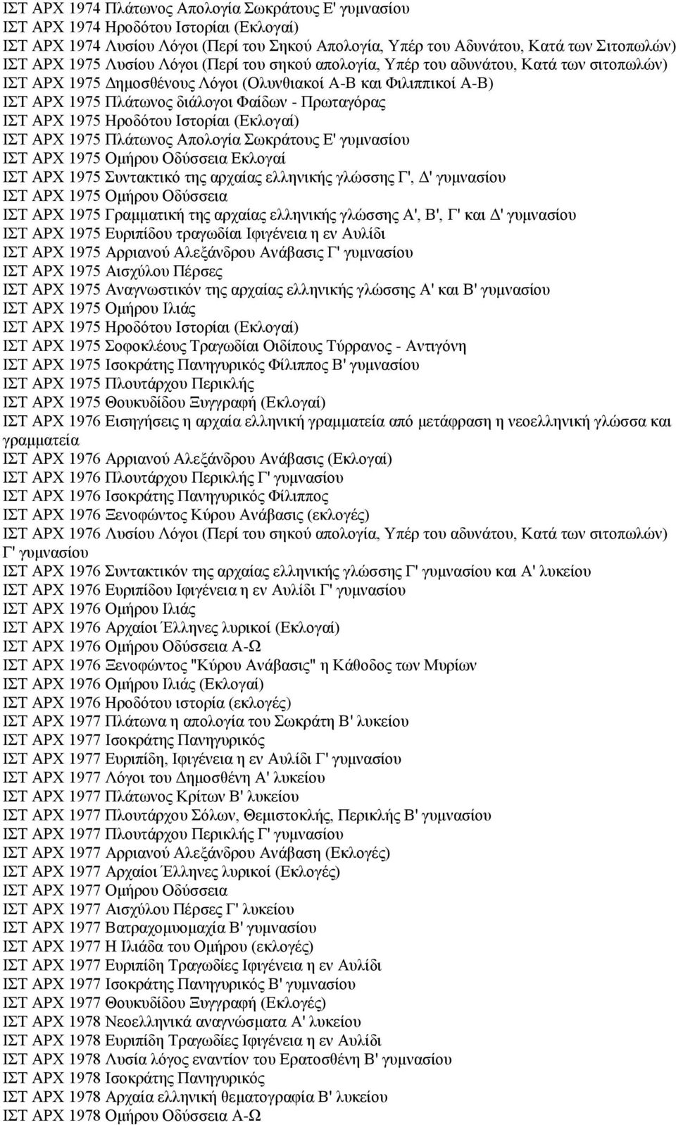 ΑΡΧ 1975 Ηροδότου Ιστορίαι (Εκλογαί) ΙΣΤ ΑΡΧ 1975 Πλάτωνος Απολογία Σωκράτους Ε' γυμνασίου ΙΣΤ ΑΡΧ 1975 Ομήρου Οδύσσεια Εκλογαί ΙΣΤ ΑΡΧ 1975 Συντακτικό της αρχαίας ελληνικής γλώσσης Γ', Δ' γυμνασίου