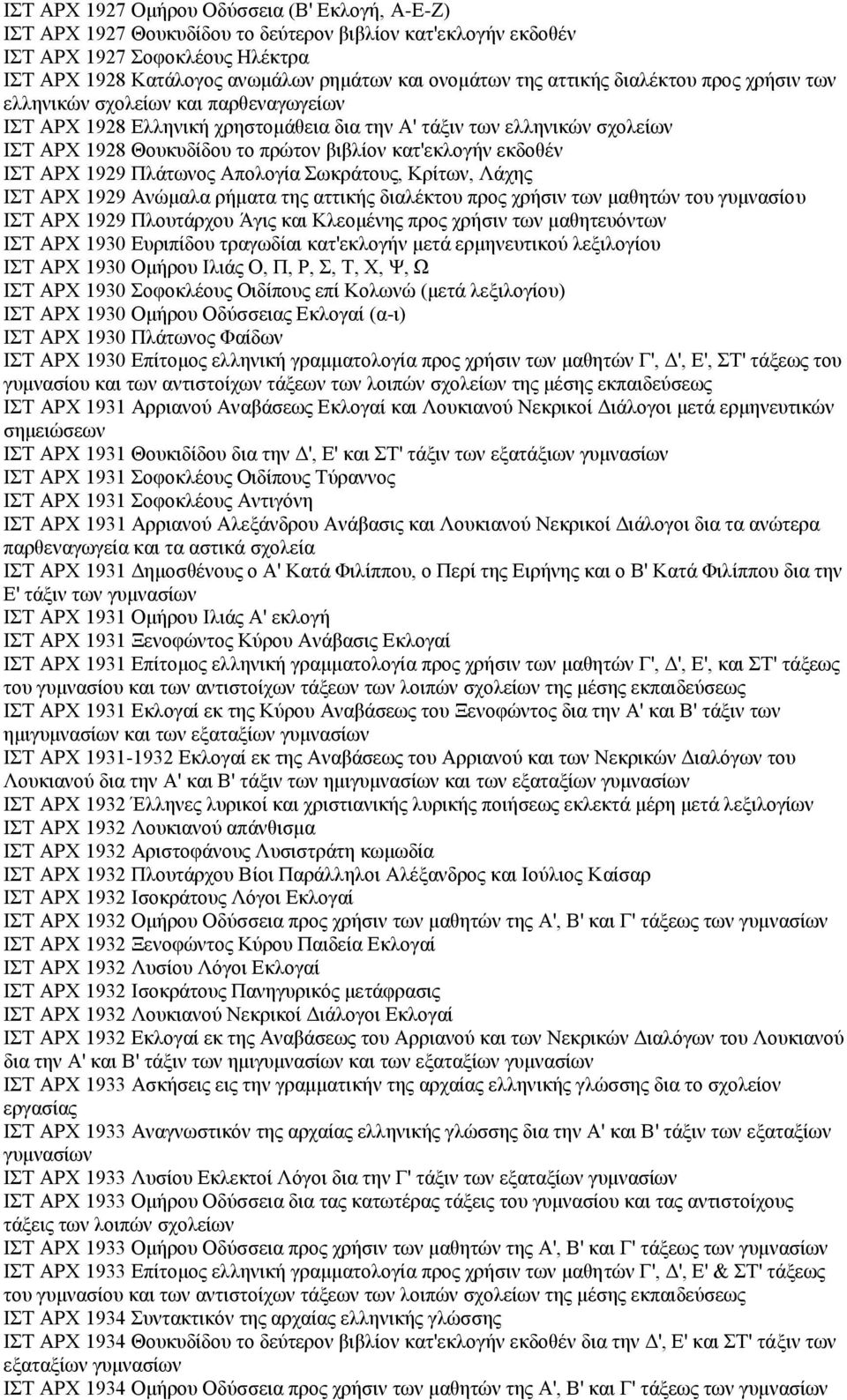 κατ'εκλογήν εκδοθέν ΙΣΤ ΑΡΧ 1929 Πλάτωνος Απολογία Σωκράτους, Κρίτων, Λάχης ΙΣΤ ΑΡΧ 1929 Ανώμαλα ρήματα της αττικής διαλέκτου προς χρήσιν των μαθητών του γυμνασίου ΙΣΤ ΑΡΧ 1929 Πλουτάρχου Άγις και