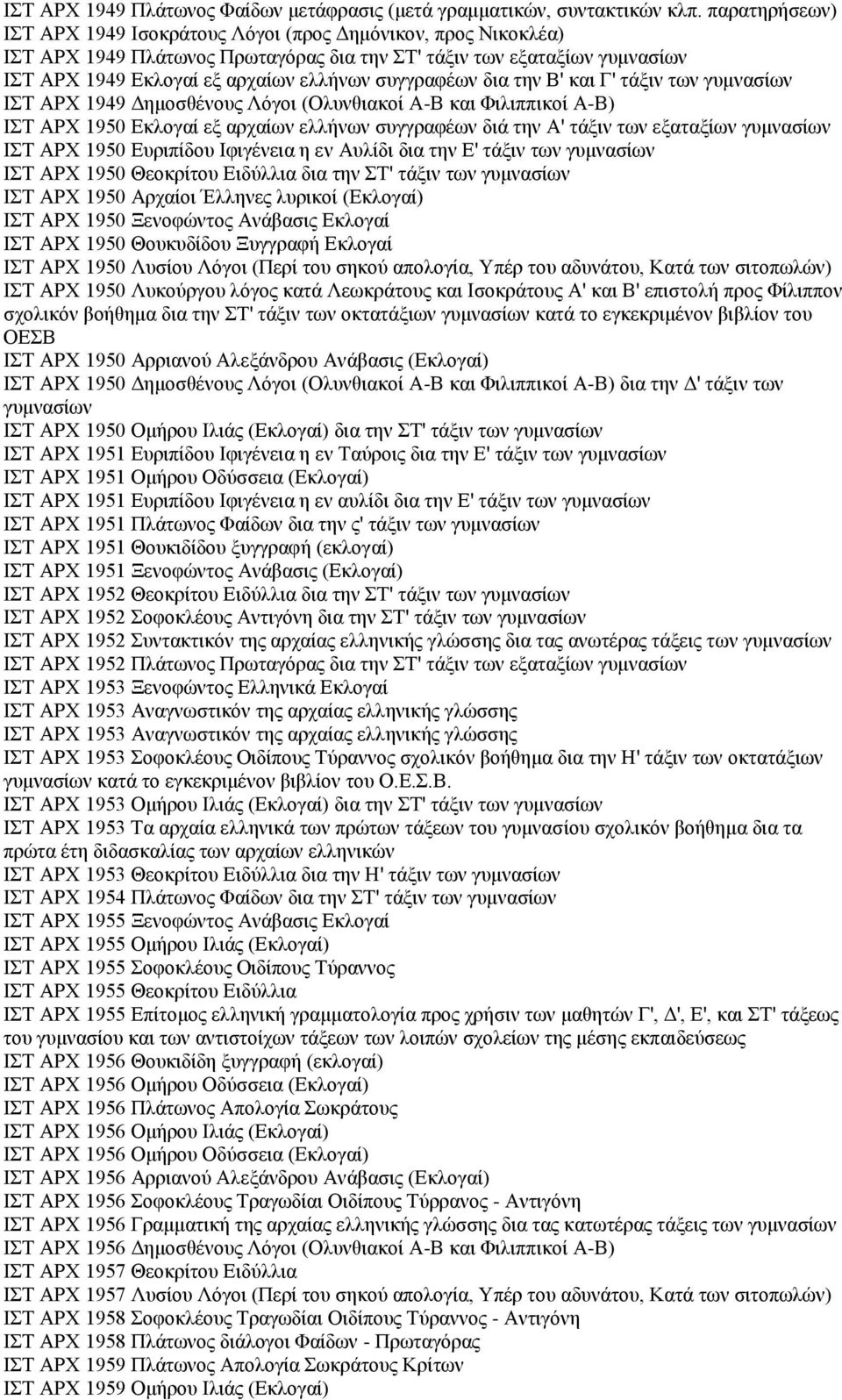 συγγραφέων δια την Β' και Γ' τάξιν των γυμνασίων ΙΣΤ ΑΡΧ 1949 Δημοσθένους Λόγοι (Ολυνθιακοί Α-Β και Φιλιππικοί Α-Β) ΙΣΤ ΑΡΧ 1950 Εκλογαί εξ αρχαίων ελλήνων συγγραφέων διά την Α' τάξιν των εξαταξίων