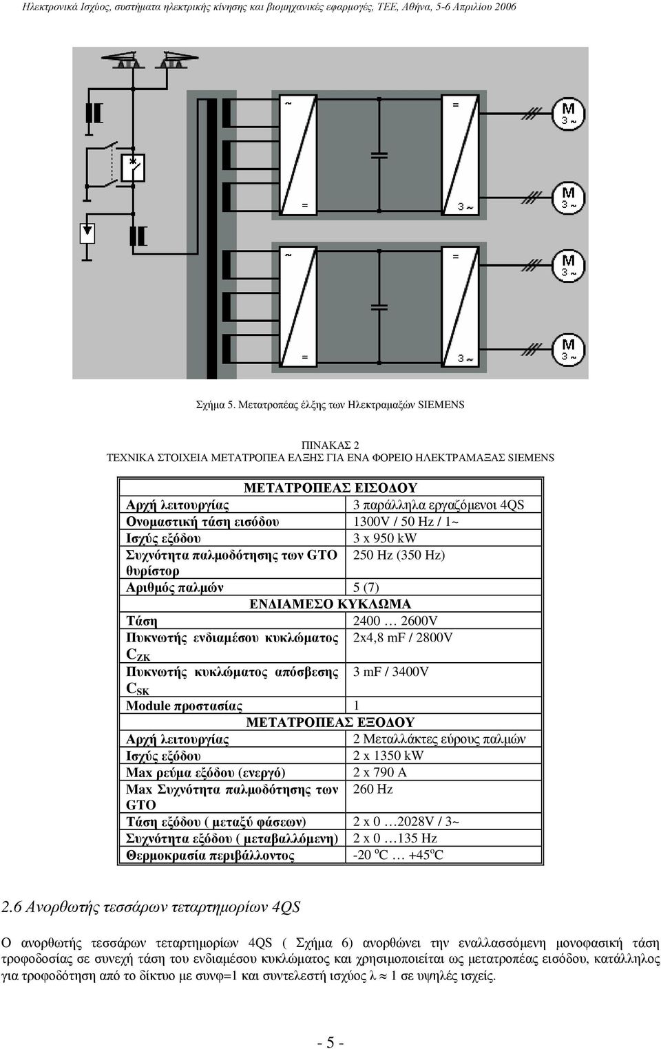 τάση εισόδου 1300V / 50 Hz / 1~ Ισχύς εξόδου 3 x 950 kw Συχνότητα παλμοδότησης των GTO 250 Hz (350 Hz) θυρίστορ Αριθμός παλμών 5 (7) ΕΝΔΙΑΜΕΣΟ ΚΥΚΛΩΜΑ Τάση 2400 2600V Πυκνωτής ενδιαμέσου κυκλώματος