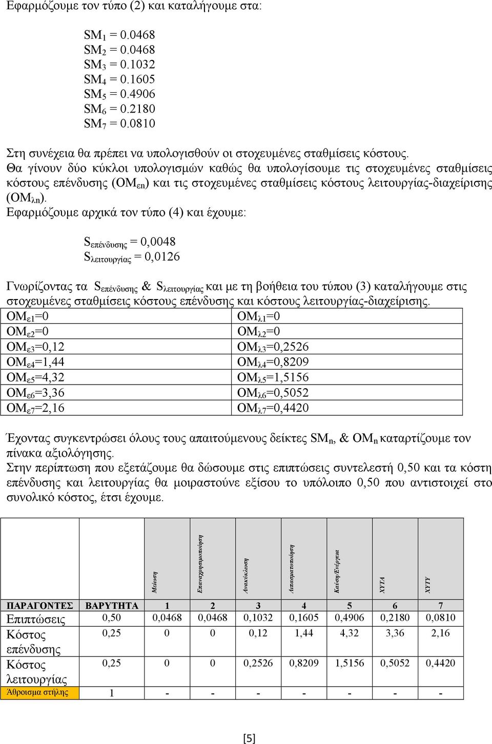 Θα γίνουν δύο κύκλοι υπολογισµών καθώς θα υπολογίσουµε τις στοχευµένες σταθµίσεις κόστους επένδυσης (ΟΜ εn ) και τις στοχευµένες σταθµίσεις κόστους λειτουργίας-διαχείρισης (ΟΜ λn ).