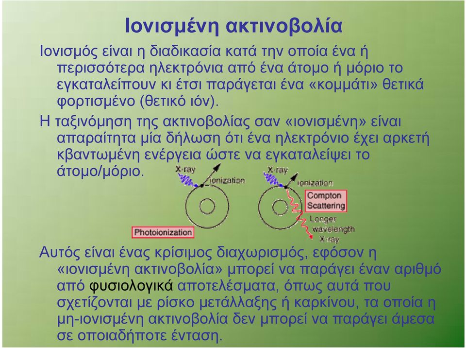 Η ταξινόμηση της ακτινοβολίας σαν «ιονισμένη» είναι απαραίτητα μία δήλωση ότι ένα ηλεκτρόνιο έχει αρκετή κβαντωμένη ενέργεια ώστε να εγκαταλείψει το