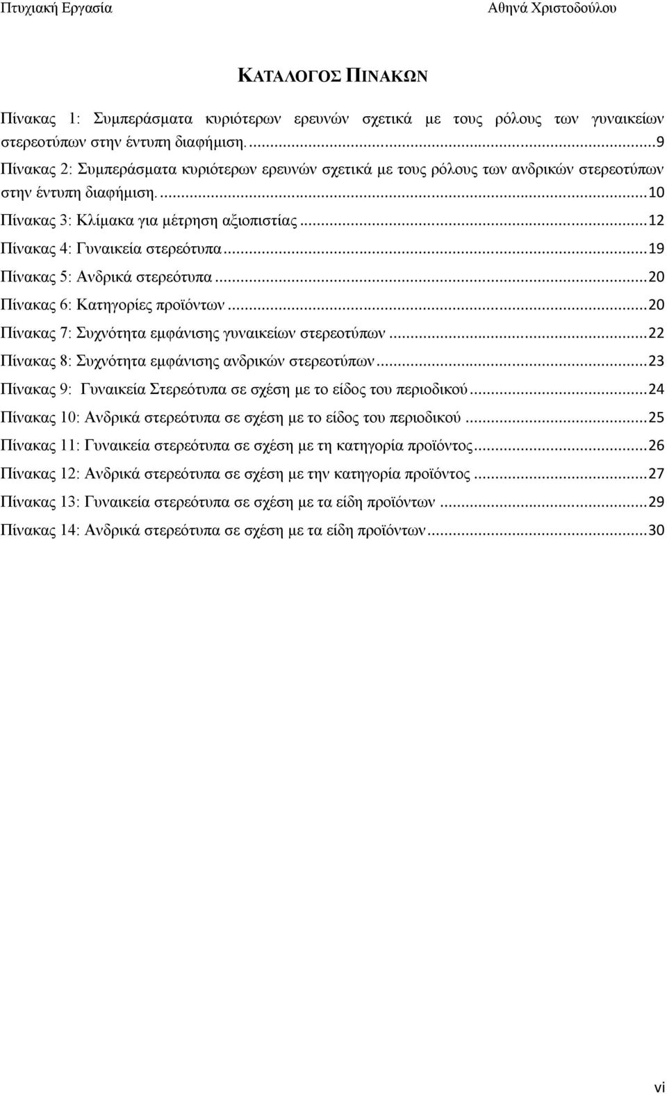 .. 12 Πίνακας 4: Γυναικεία στερεότυπα... 19 Πίνακας 5: Ανδρικά στερεότυπα... 20 Πίνακας 6: Κατηγορίες προϊόντων... 20 Πίνακας 7: Συχνότητα εμφάνισης γυναικείων στερεοτύπων.