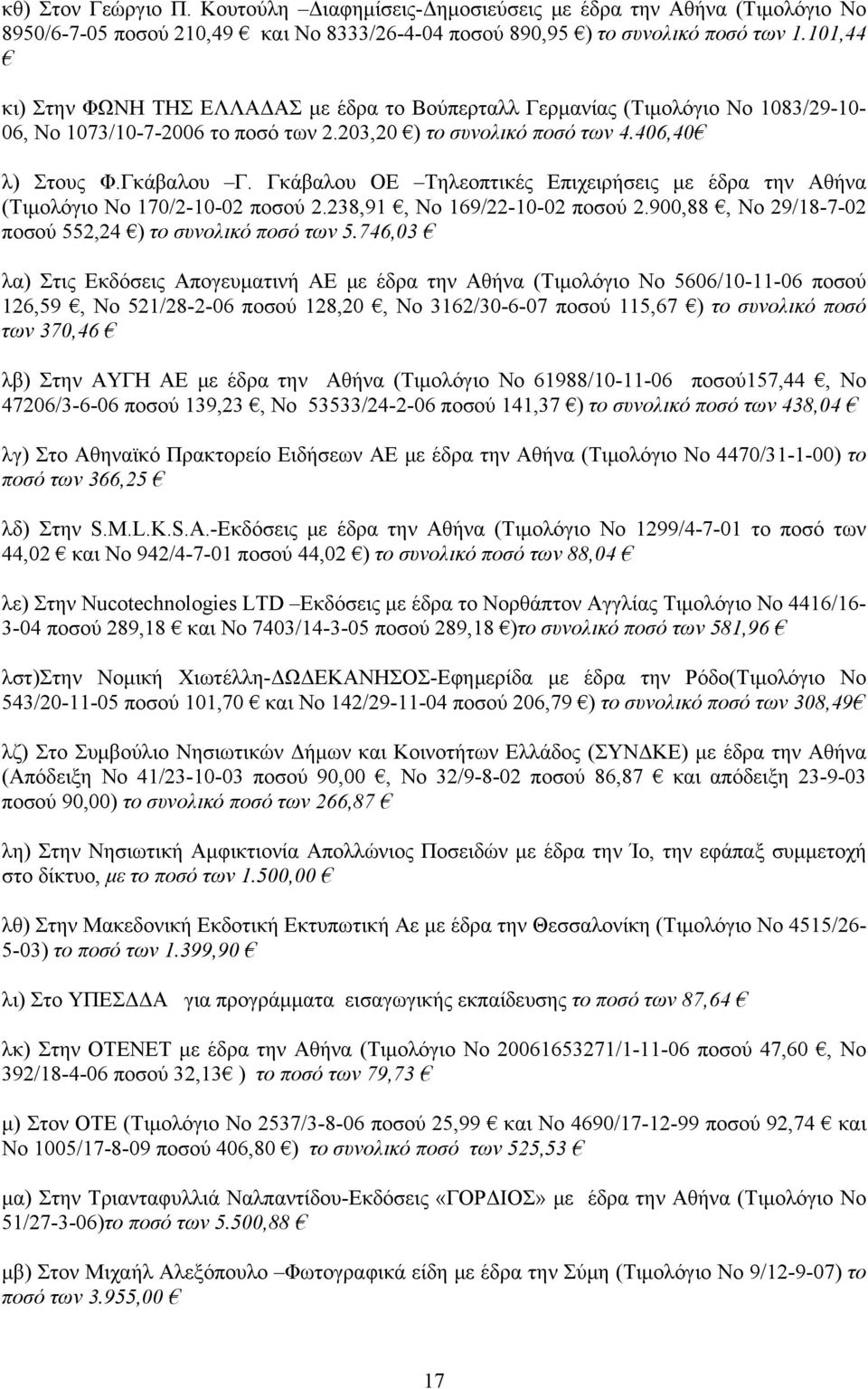 Γκάβαλου ΟΕ Τηλεοπτικές Επιχειρήσεις με έδρα την Αθήνα (Τιμολόγιο Νο 170/2-10-02 ποσού 2.238,91, Νο 169/22-10-02 ποσού 2.900,88, Νο 29/18-7-02 ποσού 552,24 ) το συνολικό ποσό των 5.