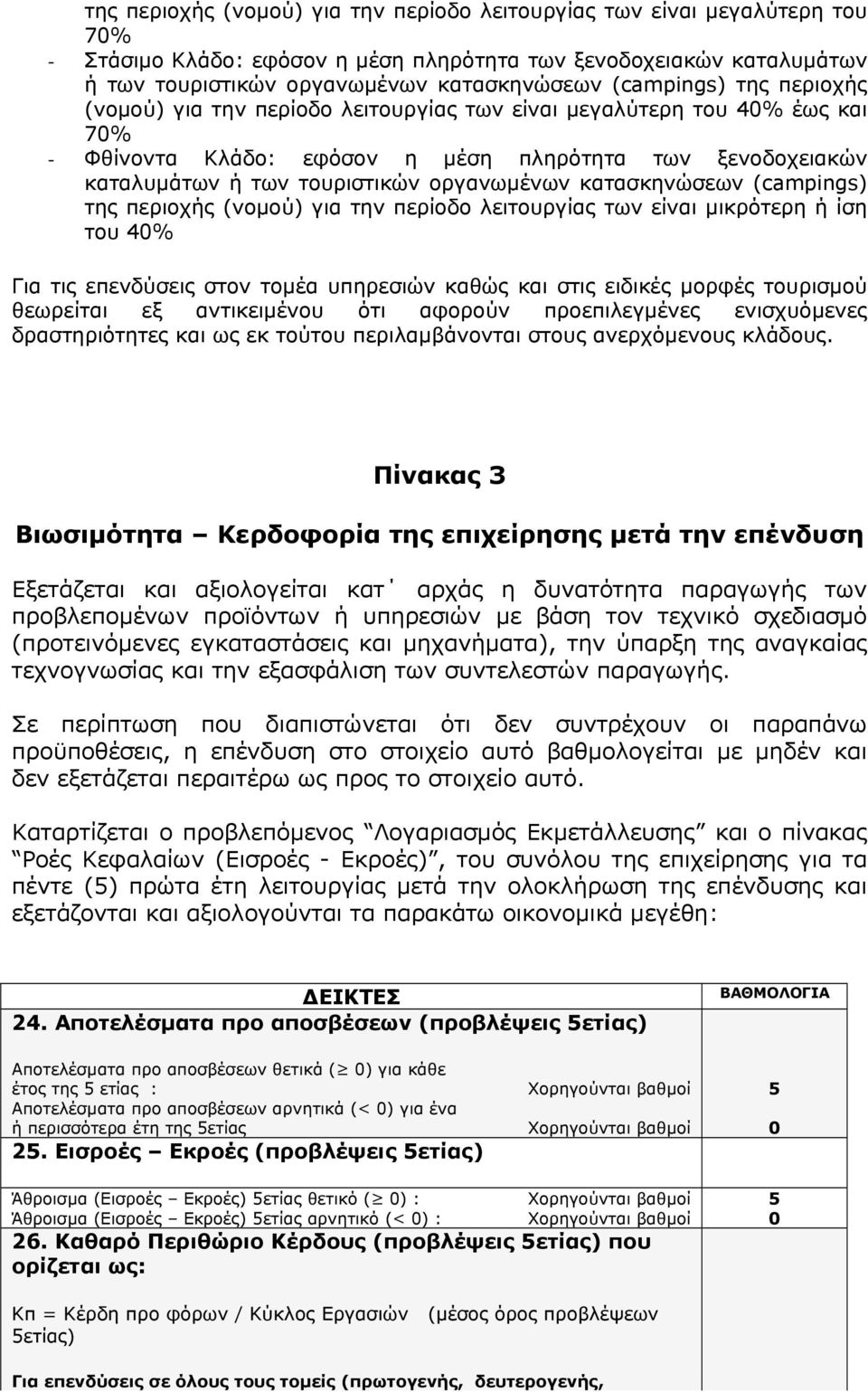 (campings) της περιοχής (νομού) για την περίοδο ς των είναι μικρότερη ή ίση του 40% Για τις επενδύσεις στον τομέα υπηρεσιών καθώς και στις ειδικές μορφές τουρισμού θεωρείται εξ αντικειμένου ότι