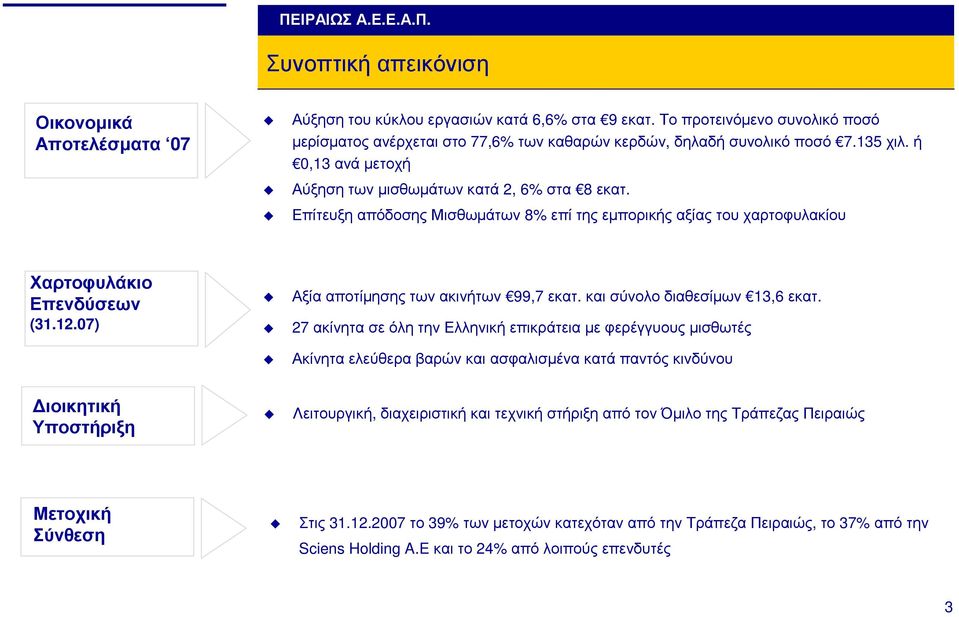 Επίτευξη απόδοσης Μισθωµάτων 8% επί της εµπορικής αξίας του χαρτοφυλακίου Χαρτοφυλάκιο Επενδύσεων (31.12.07) Αξία αποτίµησης των ακινήτων 99,7 εκατ. και σύνολο διαθεσίµων 13,6 εκατ.