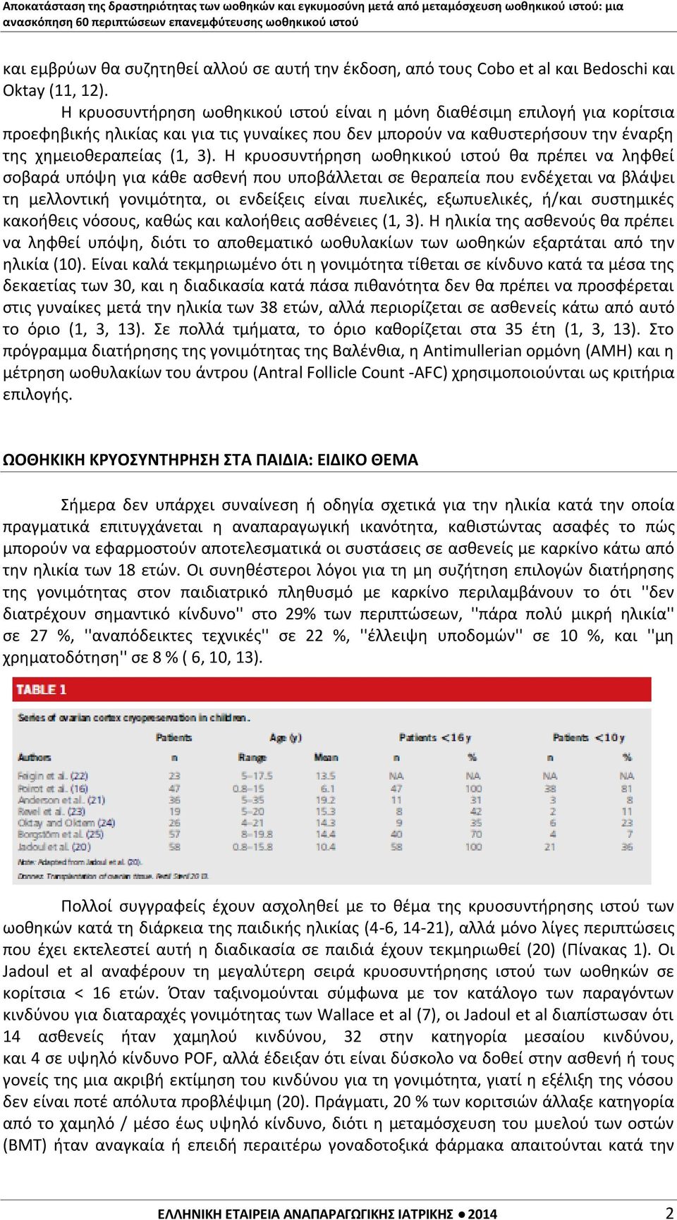 Η κρυοσυντήρηση ωοθηκικού ιστού θα πρέπει να ληφθεί σοβαρά υπόψη για κάθε ασθενή που υποβάλλεται σε θεραπεία που ενδέχεται να βλάψει τη μελλοντική γονιμότητα, οι ενδείξεις είναι πυελικές,