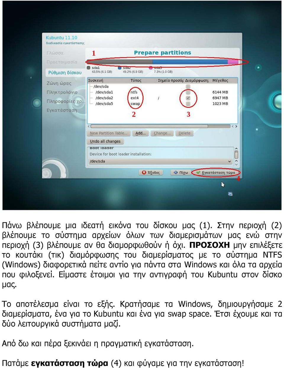 ΠΡΟΣΟΧΗ μην επιλέξετε το κουτάκι (τικ) διαμόρφωσης του διαμερίσματος με το σύστημα NTFS (Windows) διαφορετικά πείτε αντίο για πάντα στα Windows και όλα τα αρχεία που φιλοξενεί.