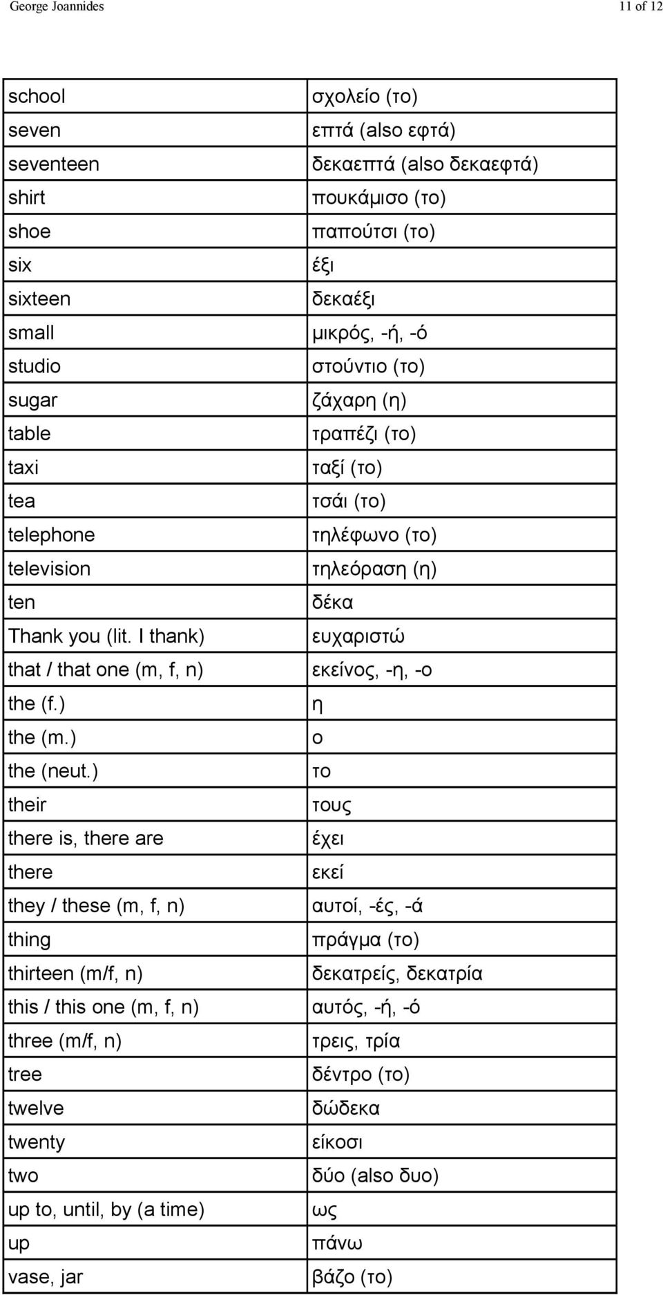 I thank) ευχαριστώ that / that one (m, f, n) εκείνος, -η, -ο the (f.) η the (m.) o the (neut.