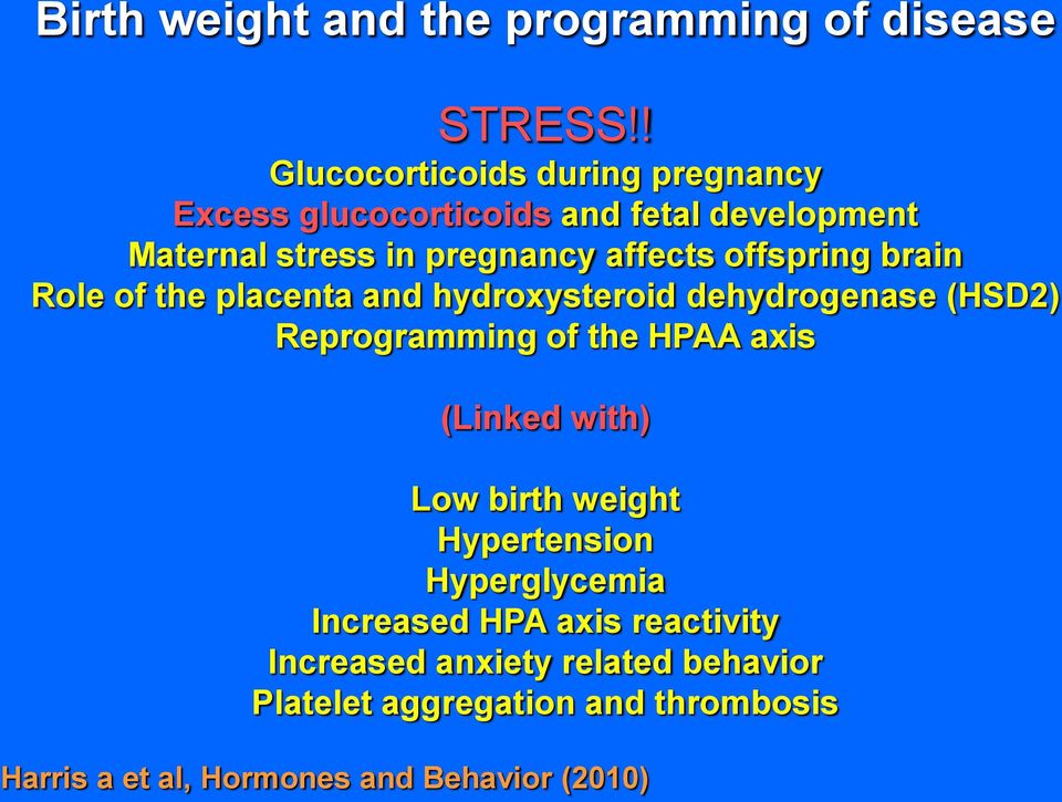 offspring brain Role of the placenta and hydroxysteroid dehydrogenase (HSD2) Reprogramming of the HPAA axis (Linked