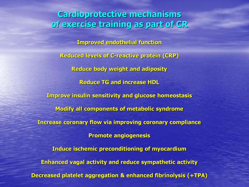 components of metabolic syndrome Increase coronary flow via improving coronary compliance Promote angiogenesis Induce ischemic