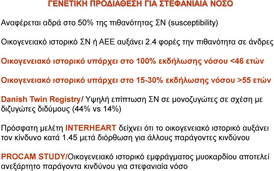 Danish Twin Registry/ Υψηλή επίπτωση ΣΝ σε μονοζυγώτες σε σχέση με διζυγώτες διδύμους (44% vs 14%) Πρόσφατη μελέτη INTERHEART δείχνει ότι το οικογενειακό ιστορικό