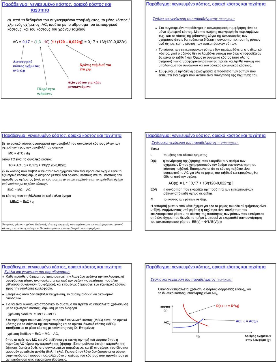 [1 / (12,22q)] =,17 + 13/(12-,22q) Λειτουργικό κόστος οχήµατος ανά χλµ Πληρότητα οχήµατος Χρόνος ταξιδιού για ένα χλµ Αξία χρόνου για κάθε µετακινούµενο Σχόλια και γενίκευση του παραδείγµατος