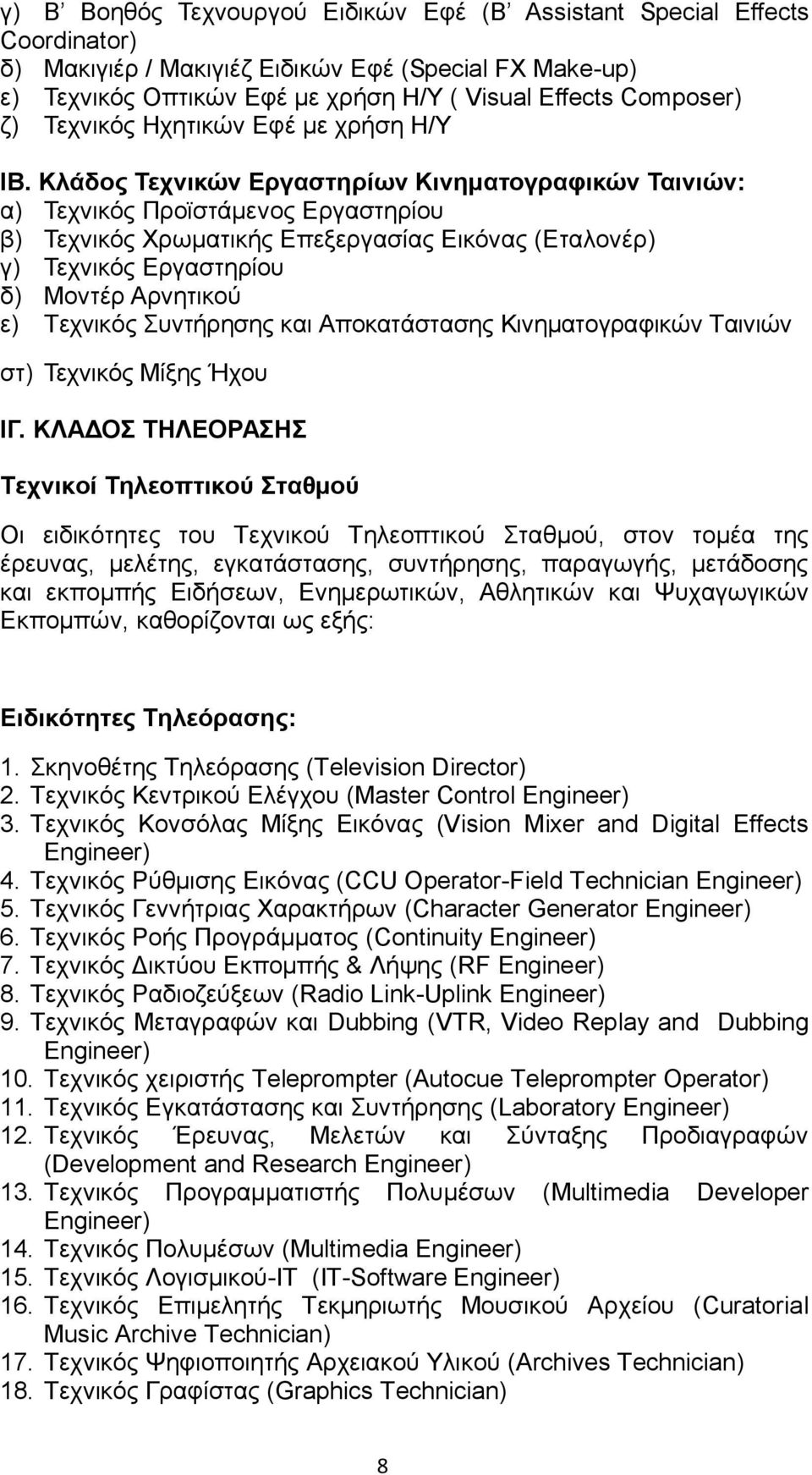 Κλάδος Τεχνικών Εργαστηρίων Κινηματογραφικών Ταινιών: α) Τεχνικός Προϊστάμενος Εργαστηρίου β) Τεχνικός Χρωματικής Επεξεργασίας Εικόνας (Εταλονέρ) γ) Τεχνικός Εργαστηρίου δ) Μοντέρ Αρνητικού ε)