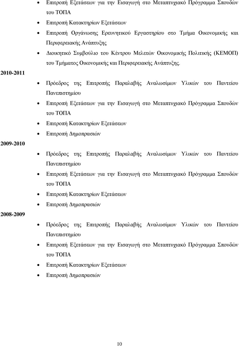 Πρόεδρος της Επιτροπής Παραλαβής Αναλωσίμων Υλικών του Παντείου Πανεπιστημίου Επιτροπή Εξετάσεων για την Εισαγωγή στο Μεταπτυχιακό Πρόγραμμα Σπουδών Επιτροπή Κατακτηρίων Εξετάσεων Επιτροπή