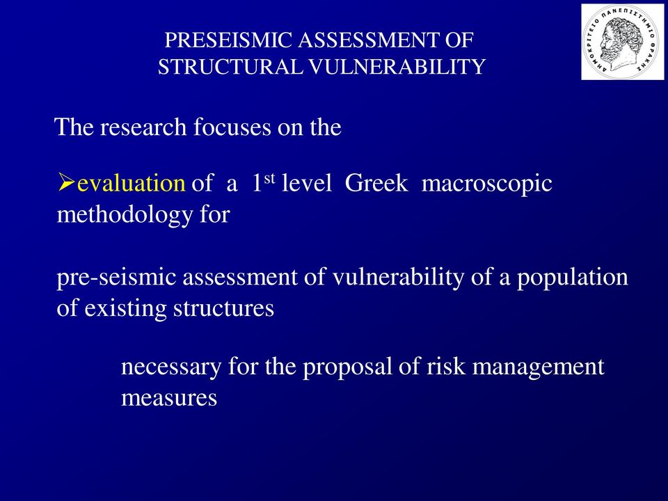 methodology for pre-seismic assessment of vulnerability of a