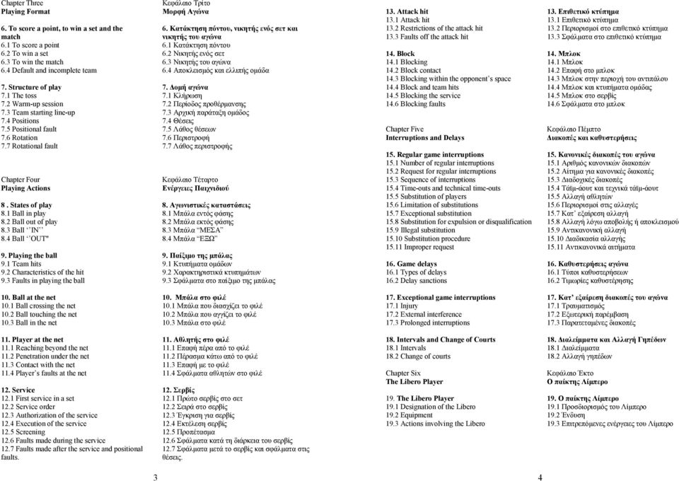 2 Ball out of play 8.3 Ball IN 8.4 Ball OUT" 9. Playing the ball 9.1 Team hits 9.2 Characteristics of the hit 9.3 Faults in playing the ball Κεφάλαιο Τρίτο Μορφή Αγώνα 6.