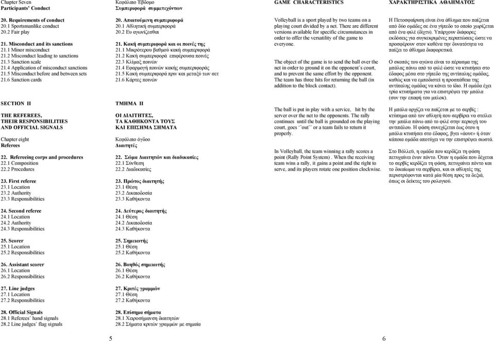 6 Sanction cards SECTION II THE REFEREES, THEIR RESPONSIBILITIES AND OFFICIAL SIGNALS Chapter eight Referees 22. Refereeing corps and procedures 22.1 Composition 22.2 Procedures 23. First referee 23.