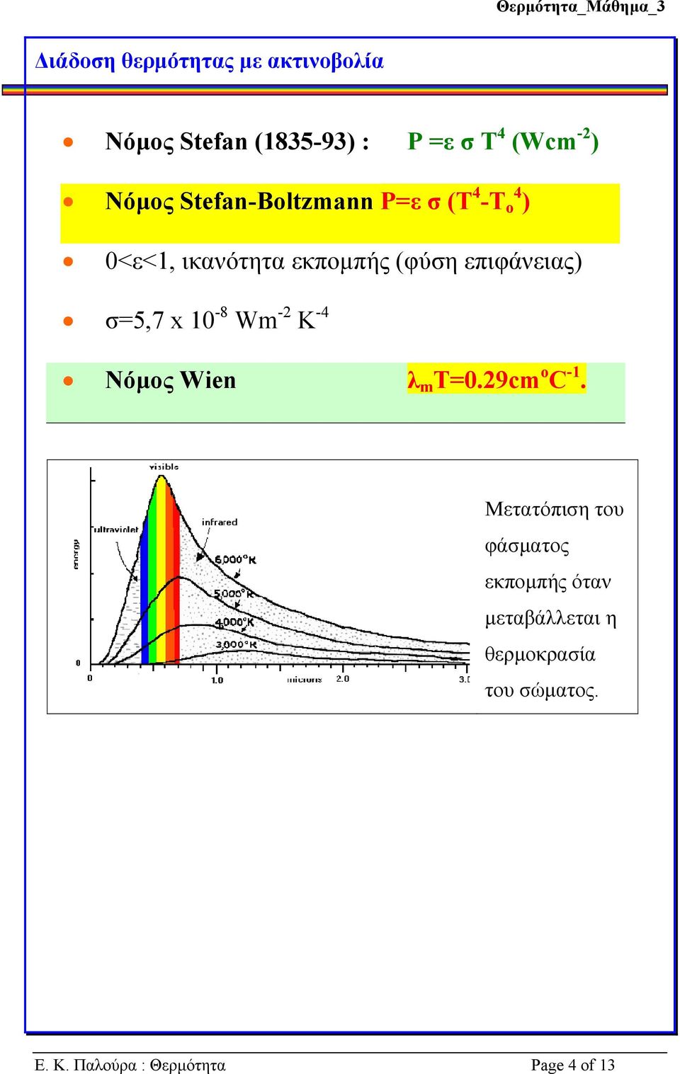 σ=5,7 x 10-8 Wm -2 K -4 Νόµος Wien λ m T=0.29cm o C -1.