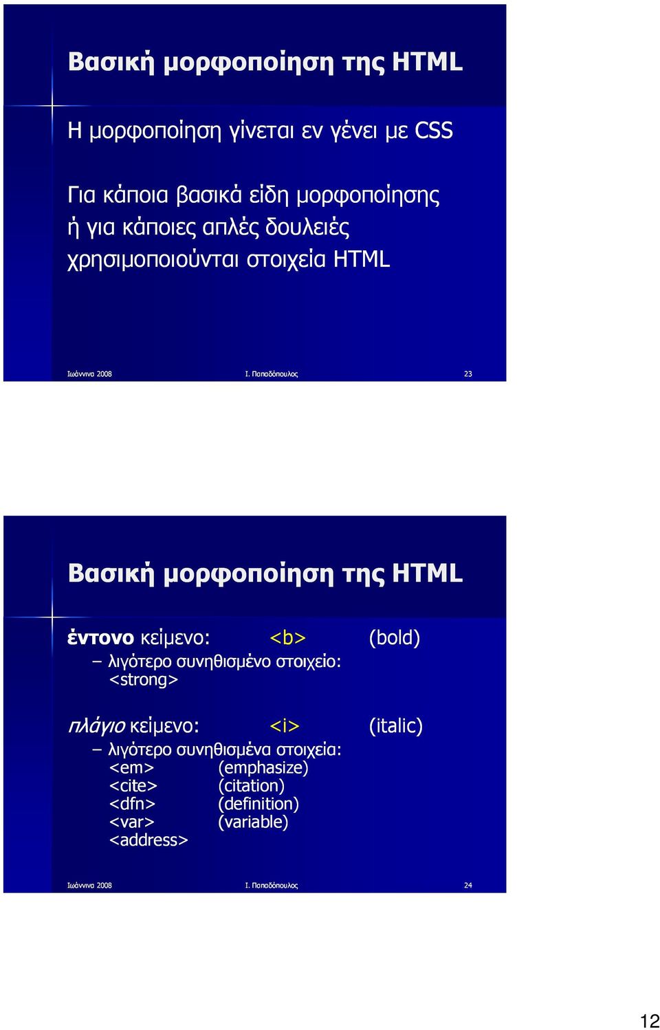 Παπαδόπουλος 23 Βασική μορφοποίηση της HTML έντονο κείμενο: <b> (bold) λιγότερο συνηθισμένο στοιχείο: <strong>