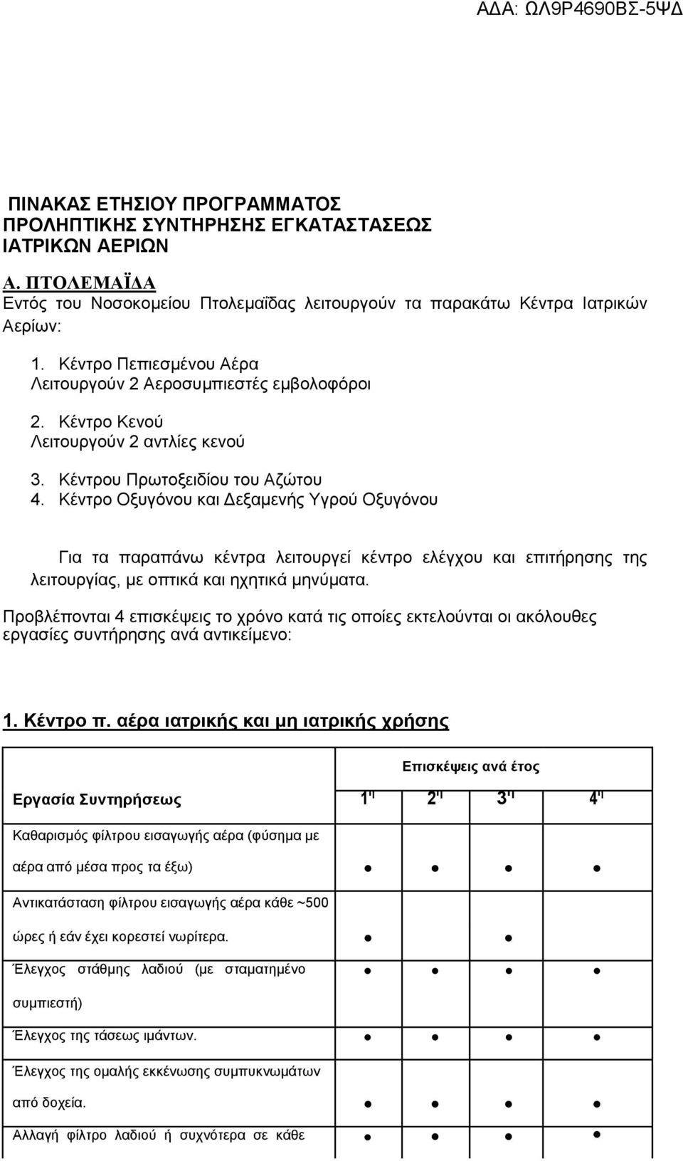 Κέντρο Οξυγόνου και Δεξαμενής Υγρού Οξυγόνου Για τα παραπάνω κέντρα λειτουργεί κέντρο ελέγχου και επιτήρησης της λειτουργίας, με οπτικά και ηχητικά μηνύματα.