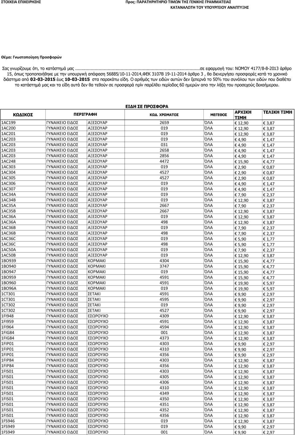 02-03-2015 έως 10-03-2015 στα παρακάτω είδη.