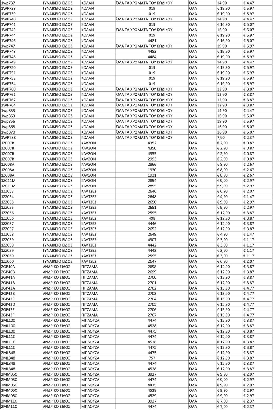 5,97 1WP746 ΓΥΝΑΙΚΕΙΟ ΕΙΔΟΣ ΚΟΛΑΝ 4481 ΌΛΑ 16,90 5,07 1wp747 ΓΥΝΑΙΚΕΙΟ ΕΙΔΟΣ ΚΟΛΑΝ ΌΛΑ ΤΑ ΧΡΩΜΑΤΑ ΤΟΥ ΚΩΔΙΚΟΥ ΌΛΑ 19,90 5,97 1WP748 ΓΥΝΑΙΚΕΙΟ ΕΙΔΟΣ ΚΟΛΑΝ 4483 ΌΛΑ 19,90 5,97 1WP748 ΓΥΝΑΙΚΕΙΟ ΕΙΔΟΣ