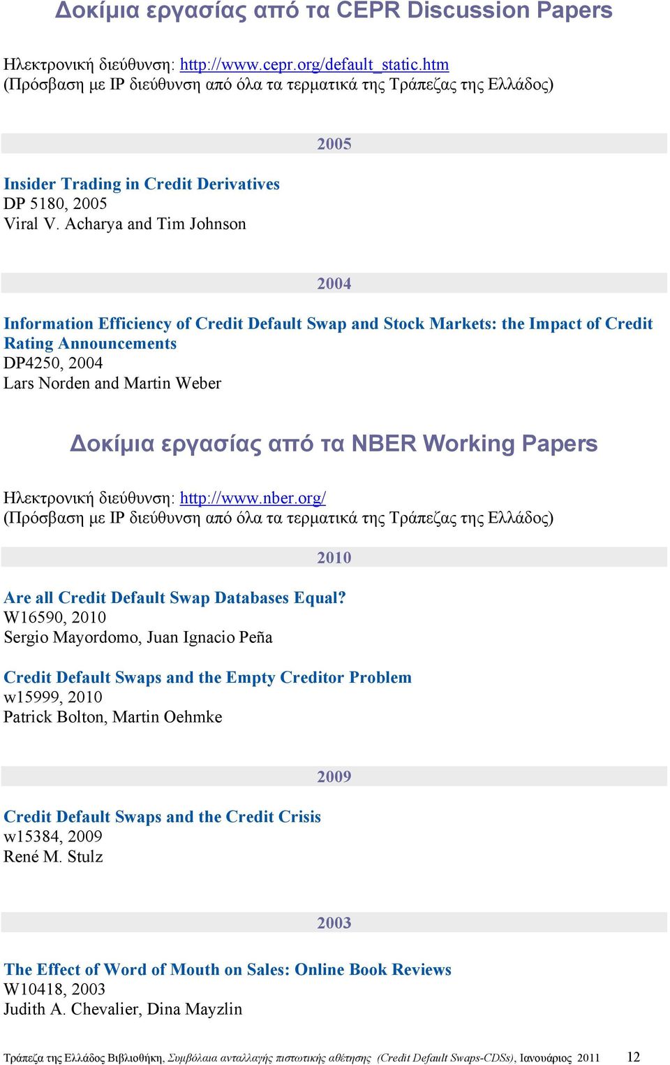 Acharya and Tim Johnson 2005 2004 Information Efficiency of Credit Default Swap and Stock Markets: the Impact of Credit Rating Announcements DP4250, 2004 Lars Norden and Martin Weber Δοκίμια εργασίας