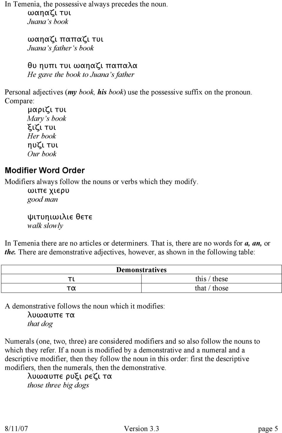 pronoun. Compare: μαριζι τυι Mary s book ξιζι τυι Her book ηυζι τυι Our book Modifier Word Order Modifiers always follow the nouns or verbs which they modify.