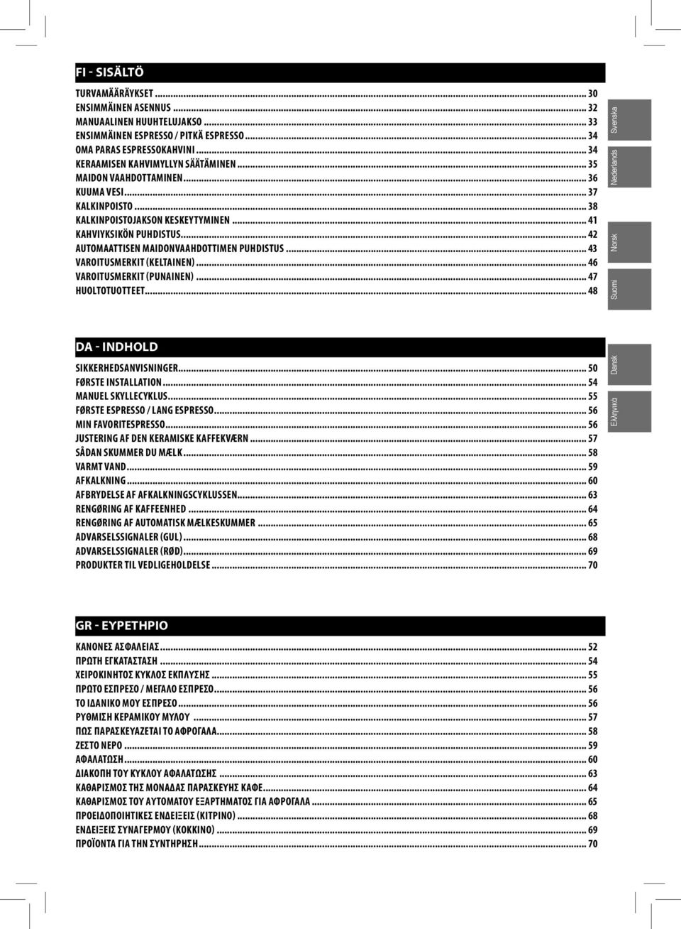 .. 43 VAROITUSMERKIT (KELTAINEN)... 46 VAROITUSMERKIT (PUNAINEN)... 47 HUOLTOTUOTTEET... 48 Nederlands Svenska Norsk Suomi DA - INDHOLD SIKKERHEDSANVISNINGER... 50 FØRSTE INSTALLATION.