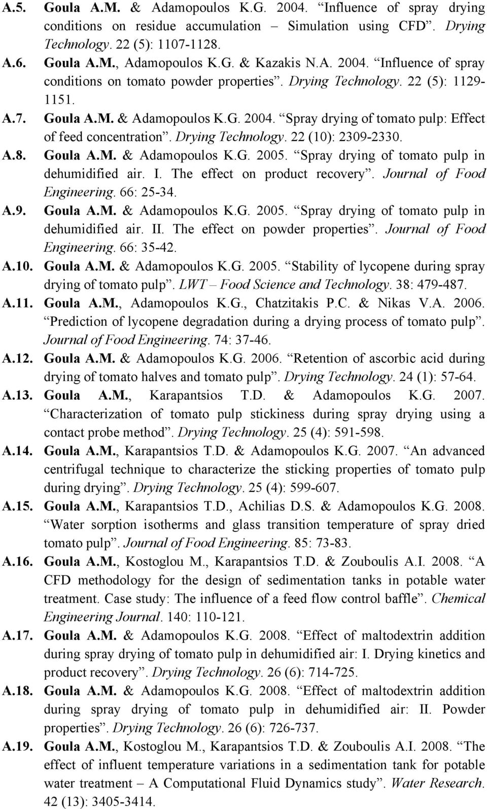 Drying Technology. 22 (10): 2309-2330. Α.8. Goula A.M. & Adamopoulos K.G. 2005. Spray drying of tomato pulp in dehumidified air. I. The effect on product recovery. Journal of Food Engineering.