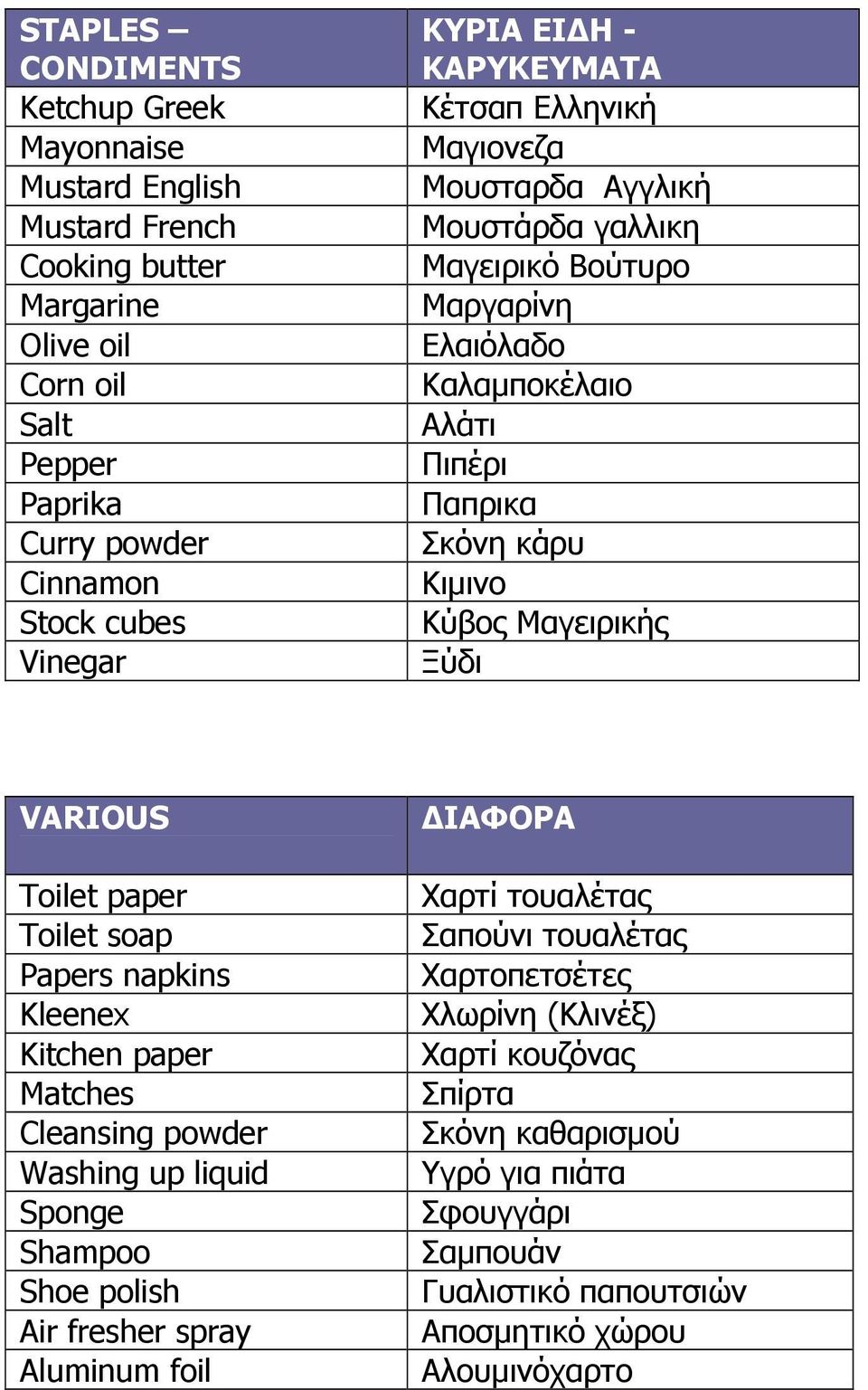 Μαγειρικής Ξύδι VARIOUS Toilet paper Toilet soap Papers napkins Kleenex Kitchen paper Matches Cleansing powder Washing up liquid Sponge Shampoo Shoe polish Air fresher spray Aluminum foil