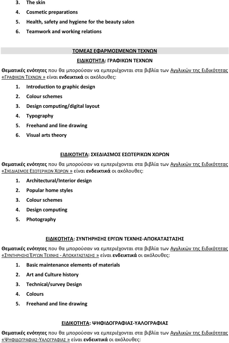 Design computing/digital layout 4. Typography 5. Freehand and line drawing 6. Visual arts theory ΕΙΔΙΚΟΤΗΤΑ: ΣΧΕΔΙΑΣΜΟΣ ΕΣΩΤΕΡΙΚΩΝ ΧΩΡΩΝ «ΣΧΕΔΙΑΣΜΟΣ ΕΣΩΤΕΡΙΚΩΝ ΧΩΡΩΝ» είναι ενδεικτικά οι ακόλουθες: 1.