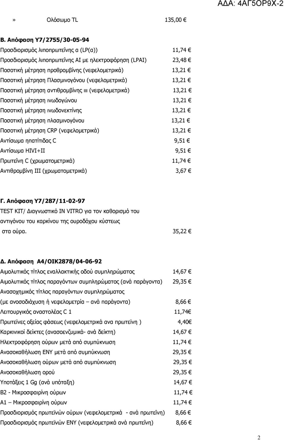 Πλασµινογόνου (νεφελοµετρικά) 13,21 Ποσοτική µέτρηση αντιθροµβίνης ιιι (νεφελοµετρικά) 13,21 Ποσοτική µέτρηση ινωδογώνου 13,21 Ποσοτική µέτρηση ινωδονεκτίνης 13,21 Ποσοτική µέτρηση πλασµινογόνου