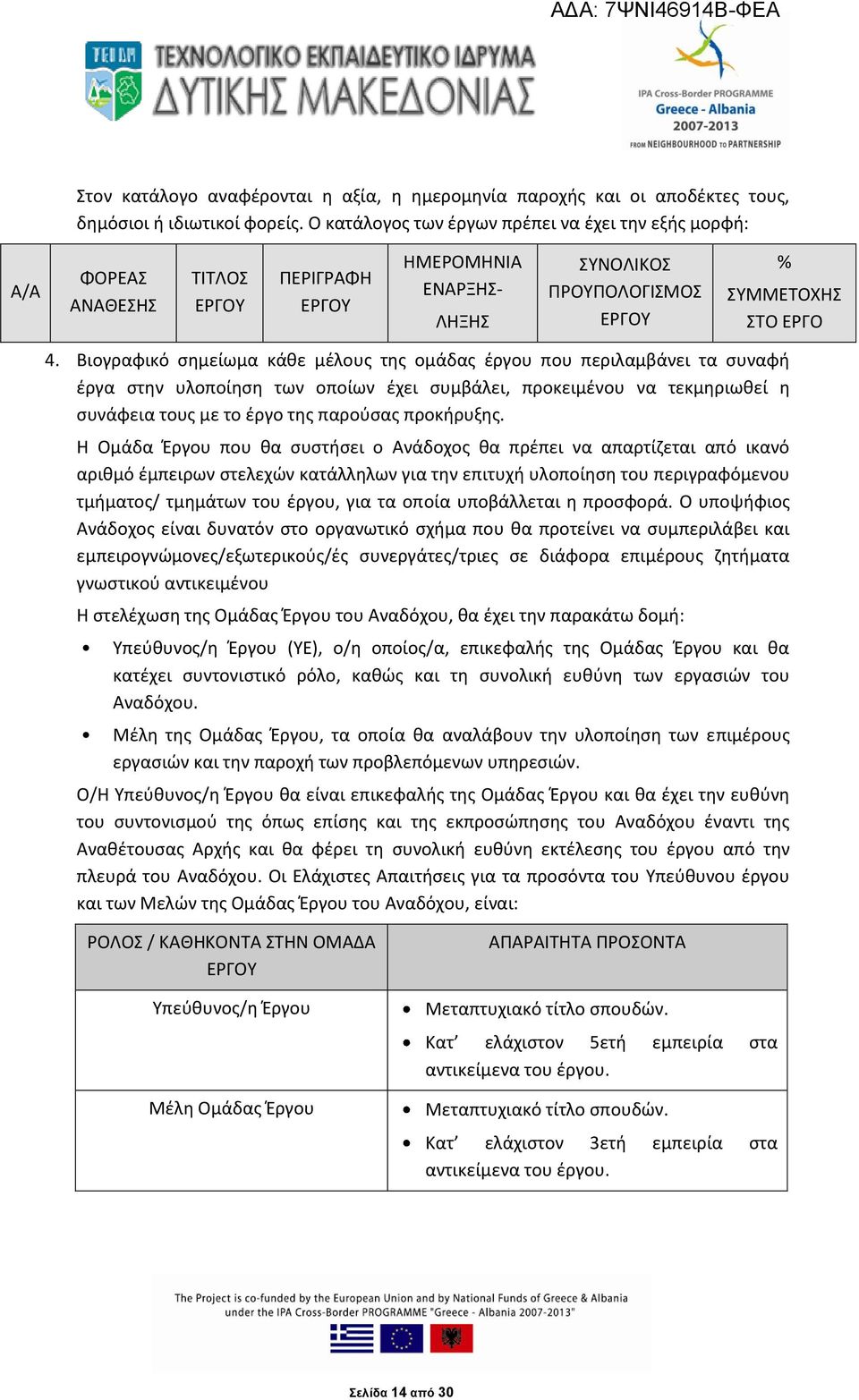 Βιογραφικό σημείωμα κάθε μέλους της ομάδας έργου που περιλαμβάνει τα συναφή έργα στην υλοποίηση των οποίων έχει συμβάλει, προκειμένου να τεκμηριωθεί η συνάφεια τους με το έργο της παρούσας προκήρυξης.