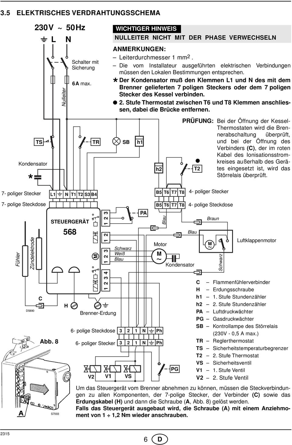 Der Kondensator muß den Klemmen L1 und N des mit dem * Brenner gelieferten 7 poligen Steckers oder dem 7 poligen Stecker des Kessel verbinden. 2.