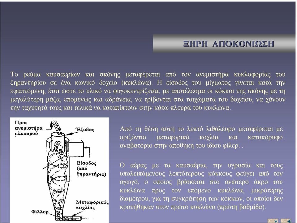 του δοχείου, να χάνουν την ταχύτητά τους και τελικά να καταπίπτουν στην κάτω πλευρά του κυκλώνα.