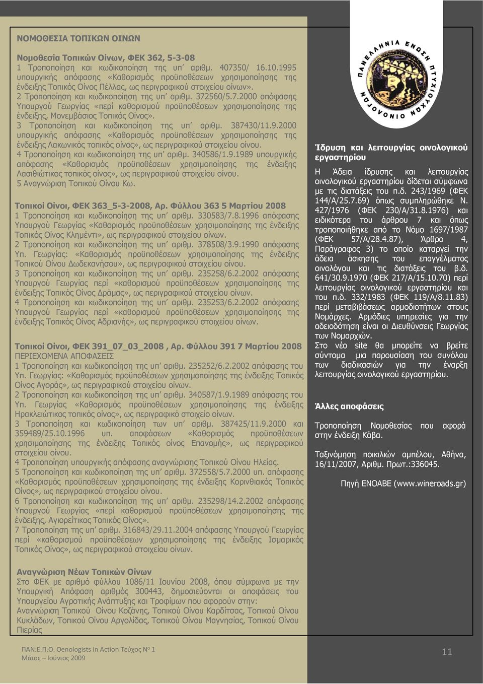 560/5.7.2000 απόφασης Υπουργού Γεωργίας «περί καθορισμού προϋποθέσεων χρησιμοποίησης της ένδειξης, Μονεμβάσιος Τοπικός Οίνος». 3 Τροποποίηση και κωδικοποίηση της υπ αριθμ. 387430/11.9.