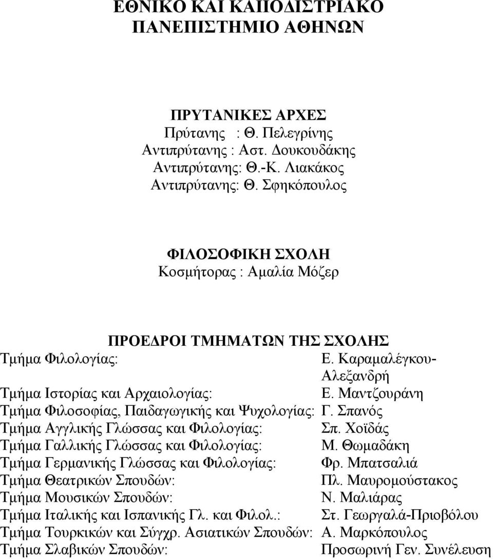 Μαντζουράνη Τμήμα Φιλοσοφίας, Παιδαγωγικής και Ψυχολογίας: Γ. Σπανός Τμήμα Αγγλικής Γλώσσας και Φιλολογίας: Σπ. Χοϊδάς Τμήμα Γαλλικής Γλώσσας και Φιλολογίας: Μ.