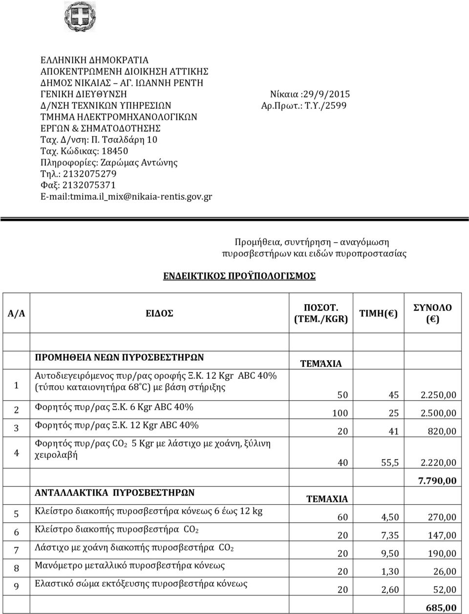 gr Προμήθεια, συντήρηση αναγόμωση πυροσβεστήρων και ειδών πυροπροστασίας ΕΝΔΕΙΚΤΙΚΟΣ ΠΡΟΫΠΟΛΟΓΙΣΜΟΣ Α/Α ΕΙΔΟΣ ΠΟΣΟΤ. (ΤΕΜ.