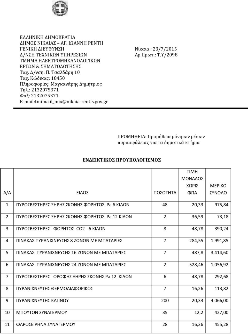 gr ΠΡΟΜΗΘΕΙΑ: Προμήθεια μόνιμων μέσων πυρασφάλειας για τα δημοτικά κτήρια ΕΝΔΕΙΚΤΙΚΟΣ ΠΡΟΥΠΟΛΟΓΙΣΜΟΣ Α/Α ΕΙΔΟΣ ΠΟΣΟΤΗΤΑ ΤΙΜΗ ΜΟΝΑΔΟΣ ΧΩΡΙΣ ΦΠΑ ΜΕΡΙΚΟ ΣΥΝΟΛΟ 1 ΠΥΡΟΣΒΕΣΤΗΡEΣ ΞΗΡΗΣ ΣΚΟΝΗΣ ΦΟΡΗΤΟΣ Pa 6