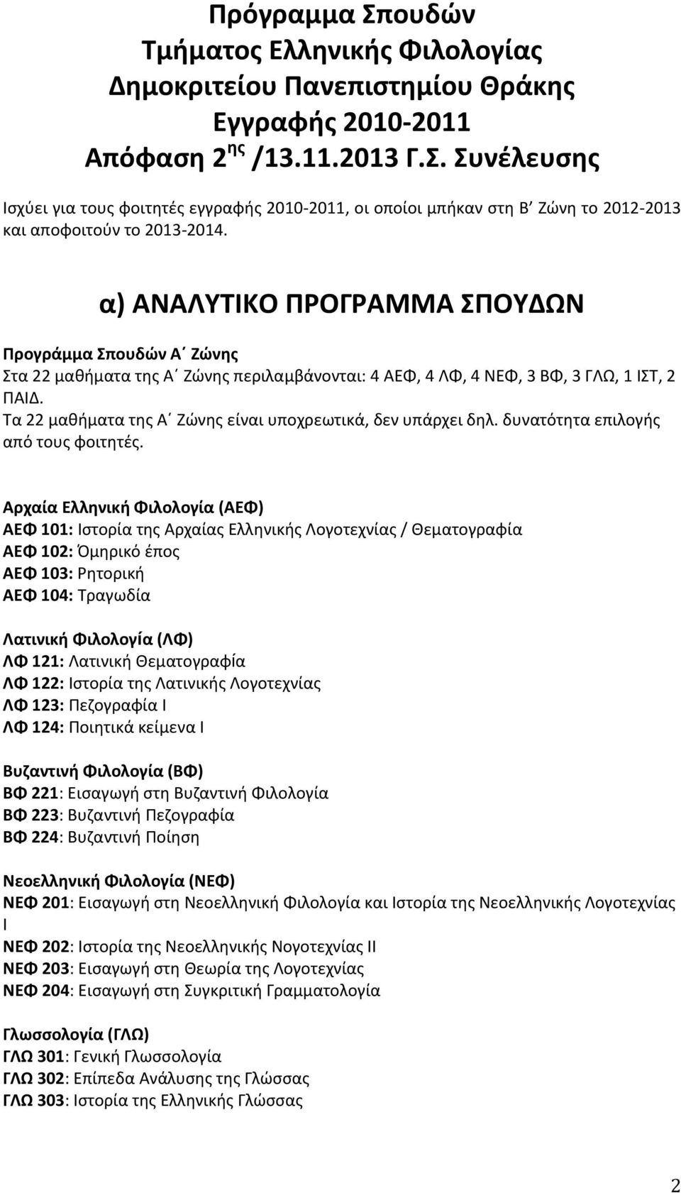 Τα 22 μαθήματα της Α Ζώνης είναι υποχρεωτικά, δεν υπάρχει δηλ. δυνατότητα επιλογής από τους φοιτητές.