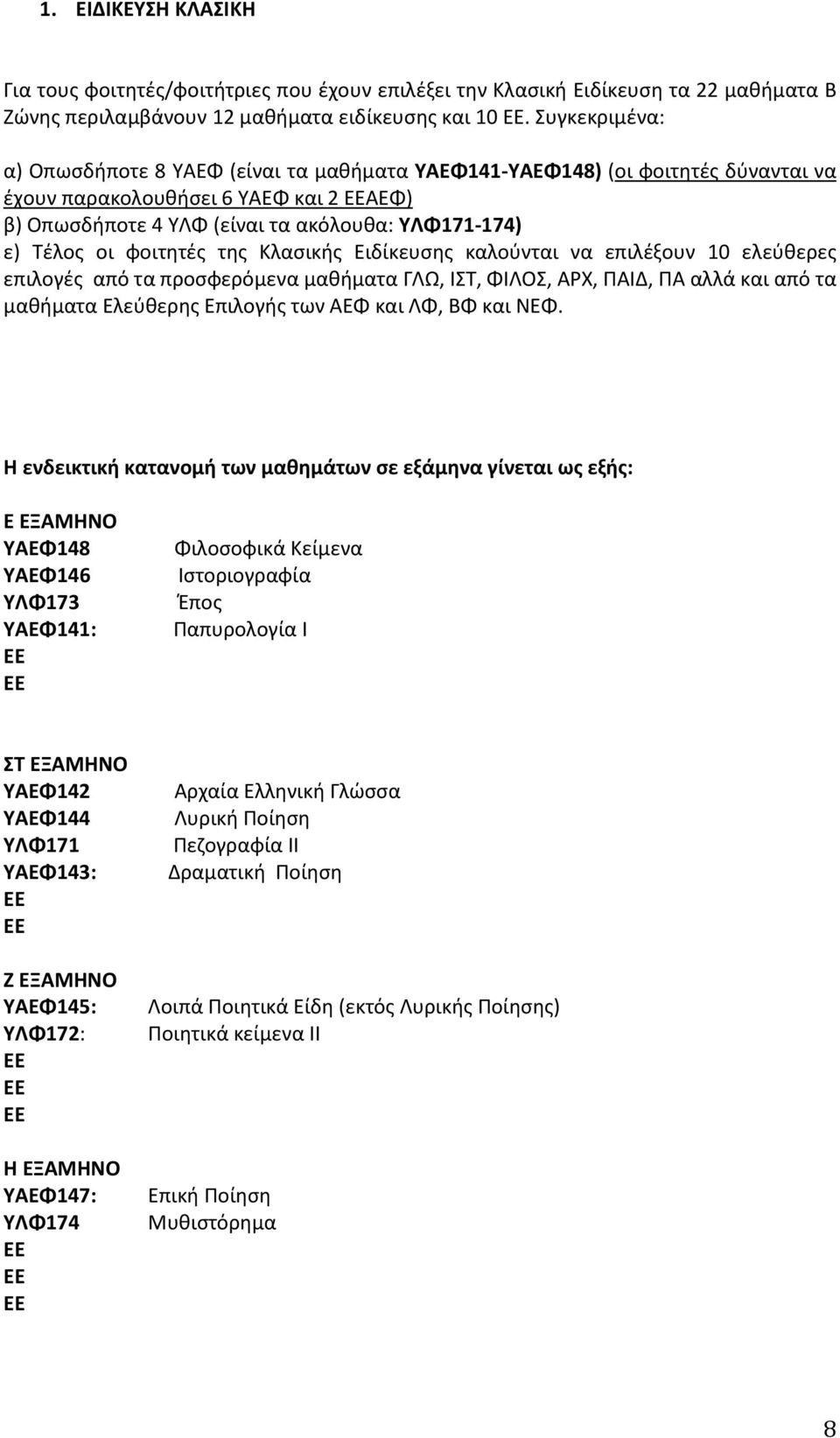 φοιτητές της Κλασικής Ειδίκευσης καλούνται να επιλέξουν 10 ελεύθερες επιλογές από τα προσφερόμενα μαθήματα ΓΛΩ, ΙΣΤ, ΦΙΛΟΣ, ΑΡΧ, ΠΑΙΔ, ΠΑ αλλά και από τα μαθήματα Ελεύθερης Επιλογής των ΑΕΦ και ΛΦ,