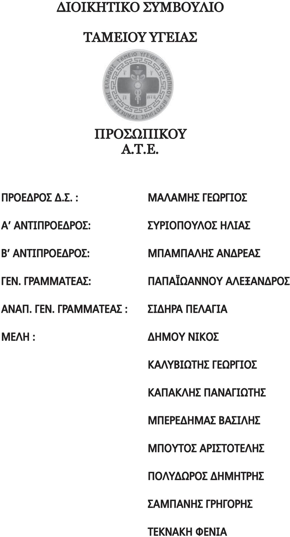 ΠΡΟΣΩΠΙΚΟΥ Α.Τ.Ε. ΠΡΟΕΔΡΟΣ Δ.Σ. : ΜΑΛΑΜΗΣ ΓΕΩΡΓΙΟΣ Α ΑΝΤΙΠΡΟΕΔΡΟΣ: ΣΥΡΙΟΠΟΥΛΟΣ ΗΛΙΑΣ Β