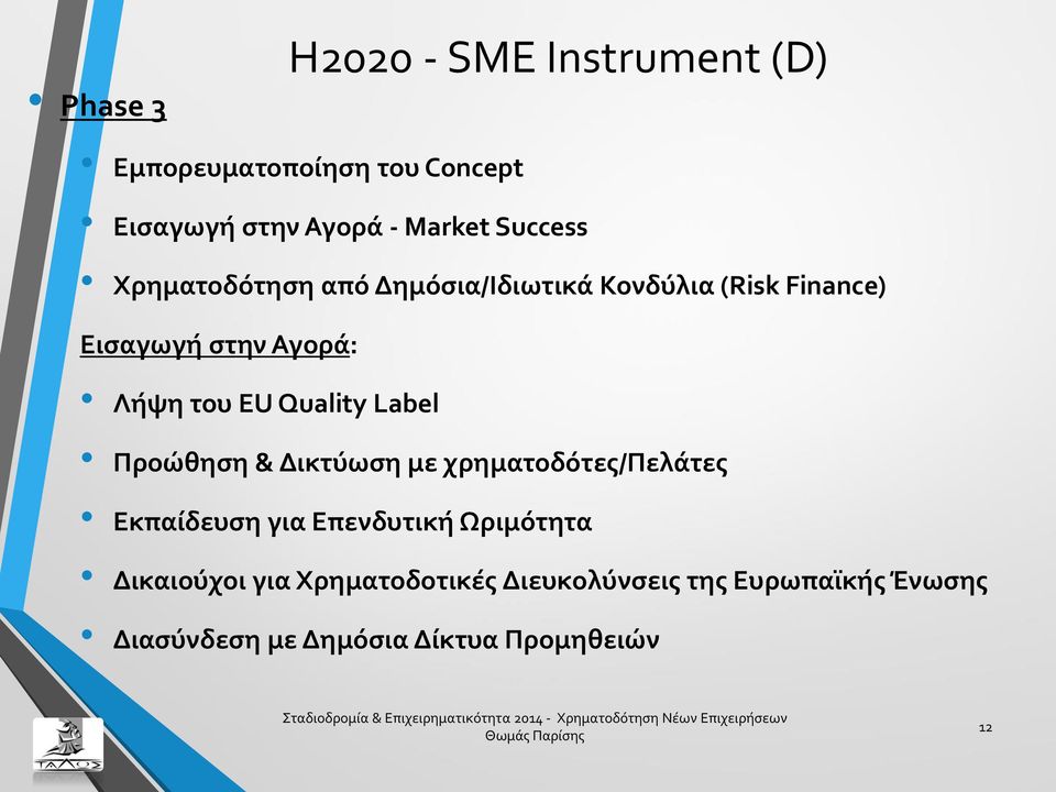 EU Quality Label Προώθηση & Δικτύωση με χρηματοδότες/πελάτες Εκπαίδευση για Επενδυτική Ωριμότητα