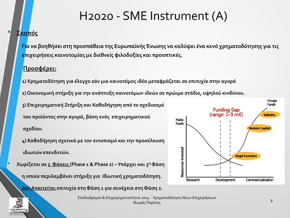 Προσφέρει: 1) Χρηματοδότηση για έλεγχο εάν μια καινοτόμος ιδέα μεταφράζεται σε επιτυχία στην αγορά 2) Οικονομική στήριξη για την ανάπτυξη καινοτόμων ιδεών σε πρώιμο στάδιο, υψηλού κινδύνου.